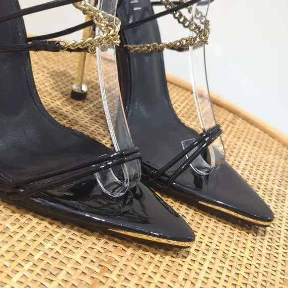 Simmi London Kegz-14 Patent Black Gold Chain Pointed Toe Stilettos Womens Size 7 - Picture 3 of 8